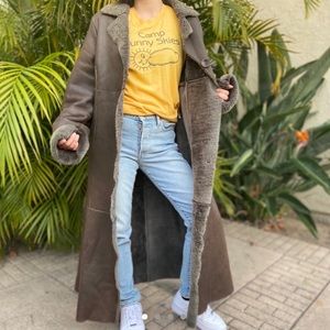 Vintage Brown Leather Sherpa Long Coat